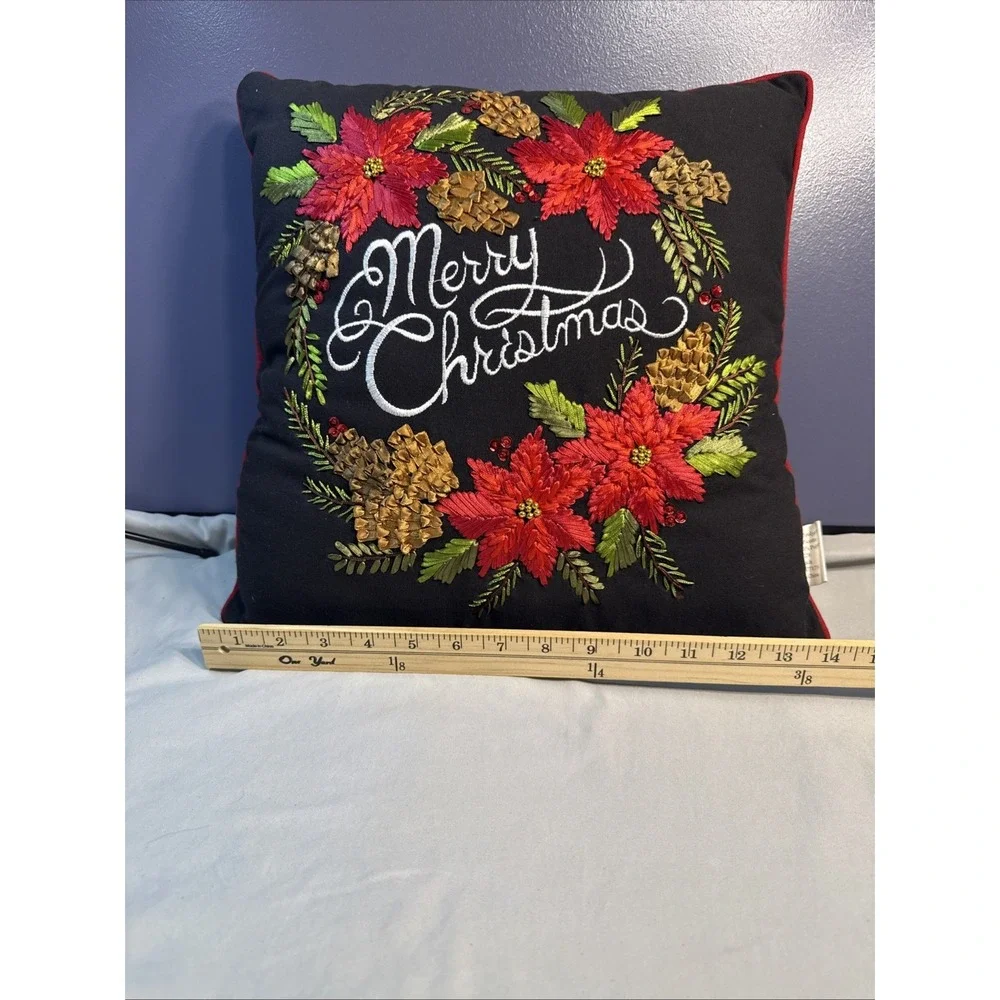 Embroidered Merry Christmas Poinsettia Throw Pillow Black Velvet Holiday Decor